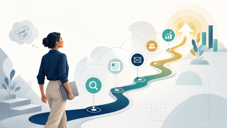 Entrepreneur following a digital marketing path from search to sustainable growth.